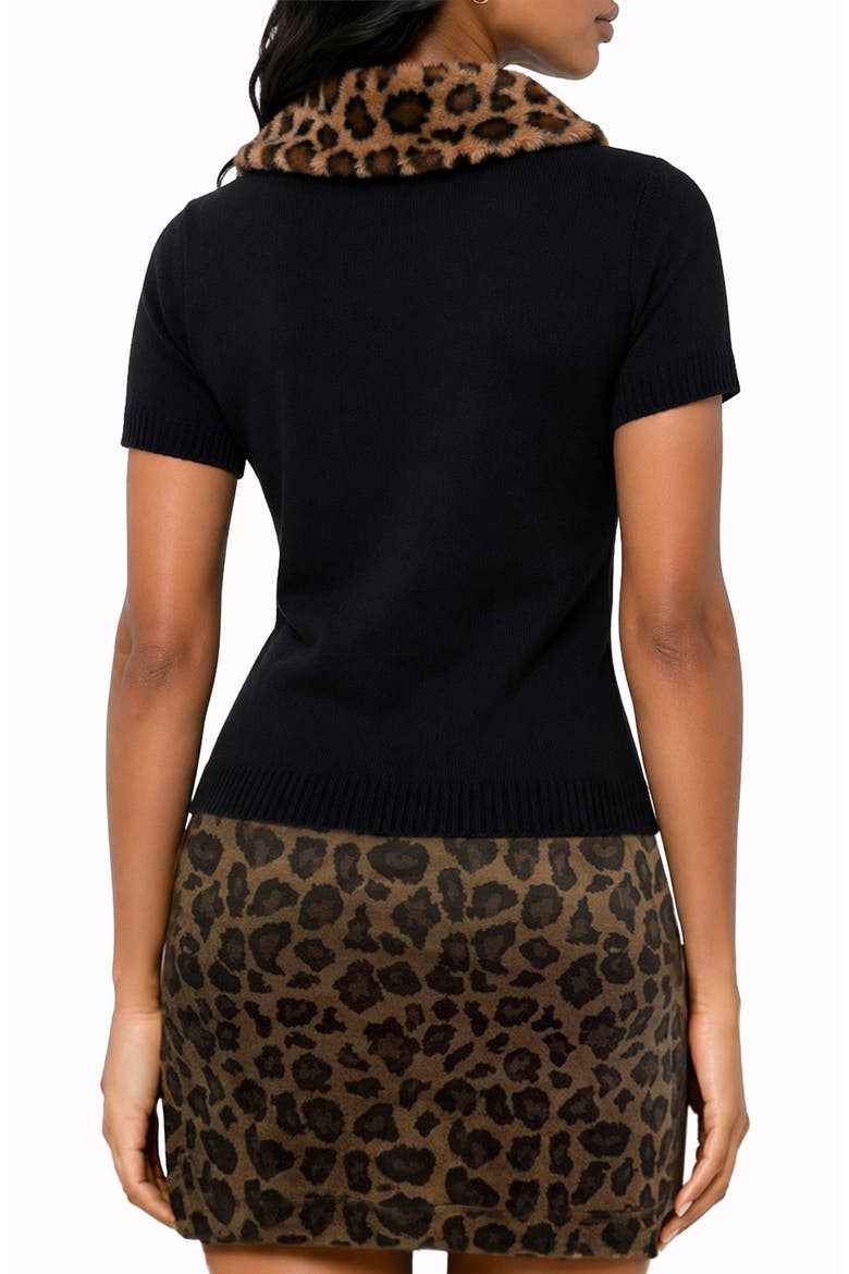 Faux Fur Collar Short Sleeve Cardigan, Alternate, color, BLACK/ CHEETAH