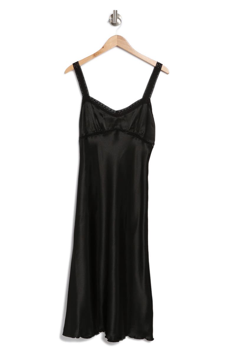 bebe Lace Strap Satin Midi Slipdress, Alternate, color, Black