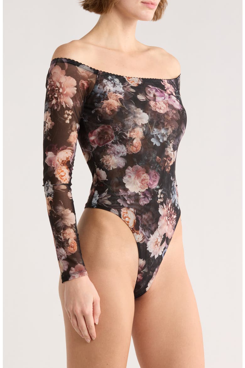 Peonie Off the Shoulder Bodysuit, Alternate, color, BLACK MULTI VINTAGE OIL FLOWER