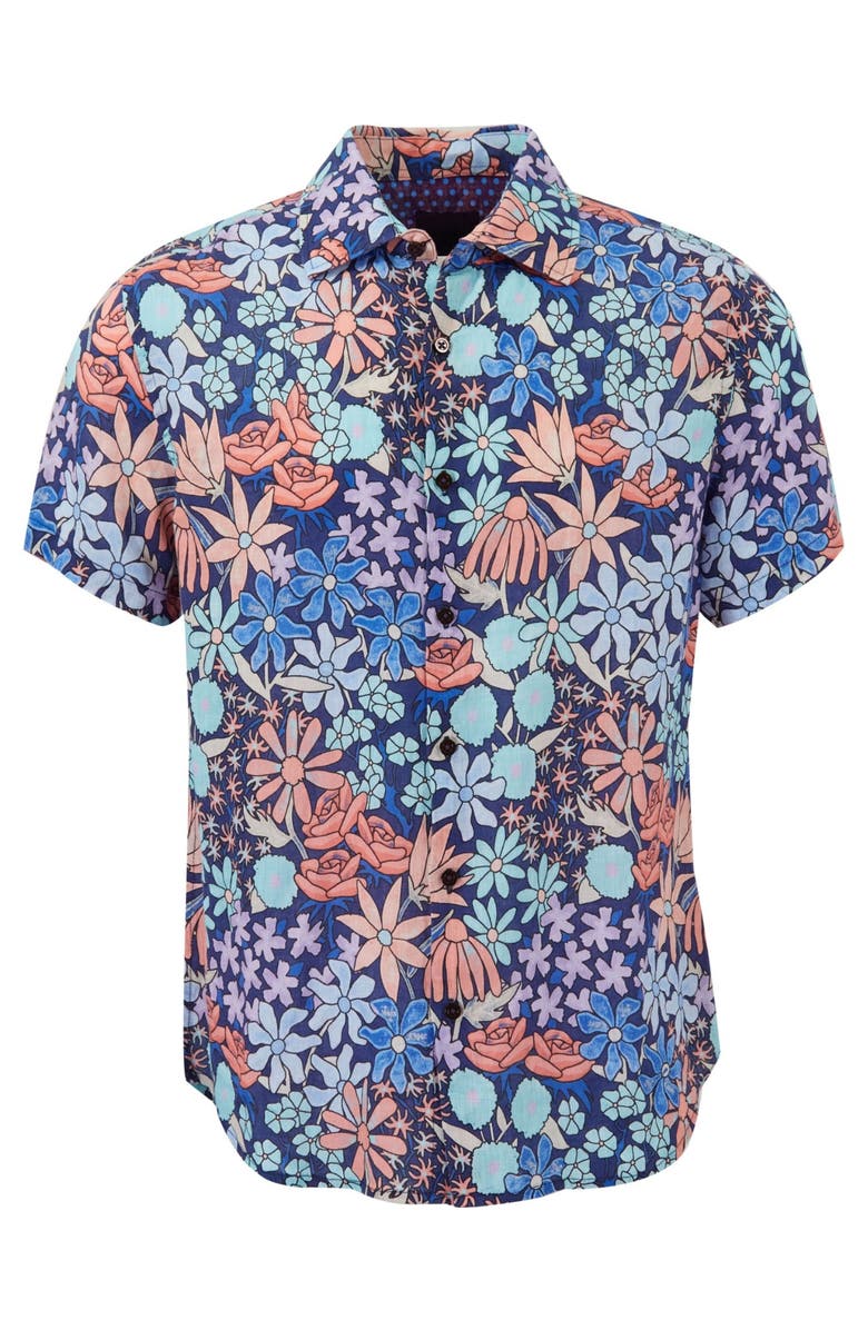 Lords of Harlech Rough Floral Short Sleeve Fine Linen Shirt, Main, color, Rough Floral Navy