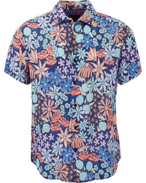 Rough Floral Short Sleeve Fine Linen Shirt