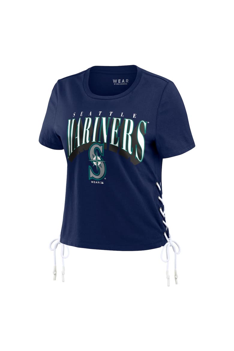 Women's WEAR by Erin Andrews Navy Seattle Mariners Side Lace-Up Cropped T-Shirt, Alternate, color, Navy