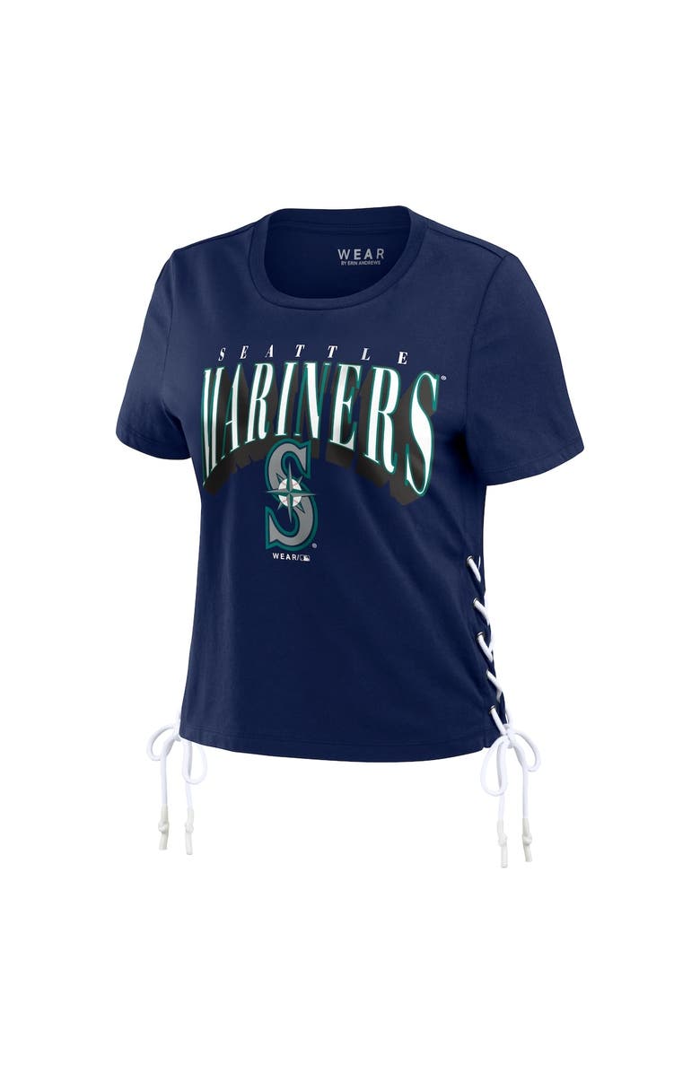 WEAR by Erin Andrews Women's WEAR by Erin Andrews Navy Seattle Mariners Side Lace-Up Cropped T-Shirt, Alternate, color,