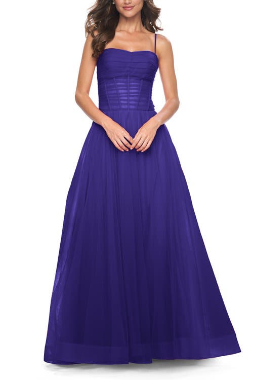 La Femme A-line Square Neck Tulle Ballgown With Illusion Waist