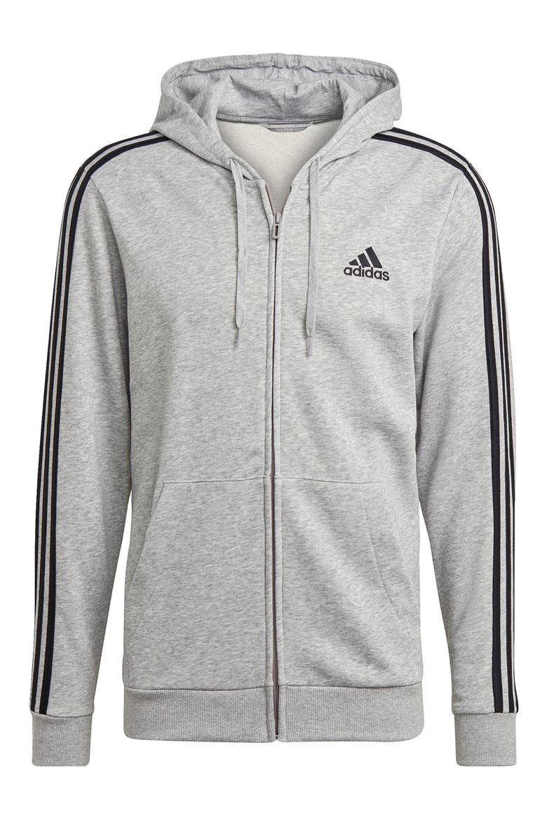 3 Stripe Full Zip Hoodie, Main, color, MEDIUM GREY HEATHER/ BLACK