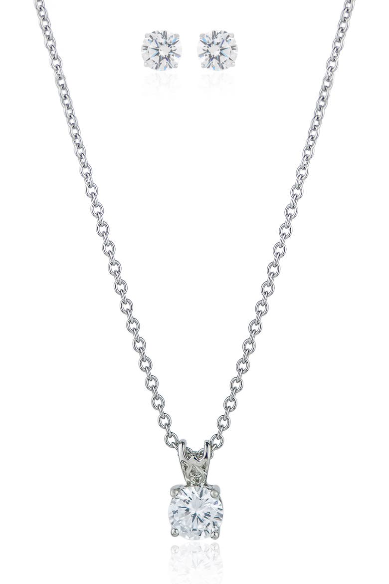 Round Cubic Zirconia Solitaire Pendant Necklace & Stud Earrings Set, Main, color, SILVER