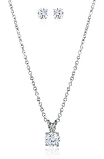 Cz By Kenneth Jay Lane Round Cubic Zirconia Solitaire Pendant Necklace & Stud Earrings Set In Silver