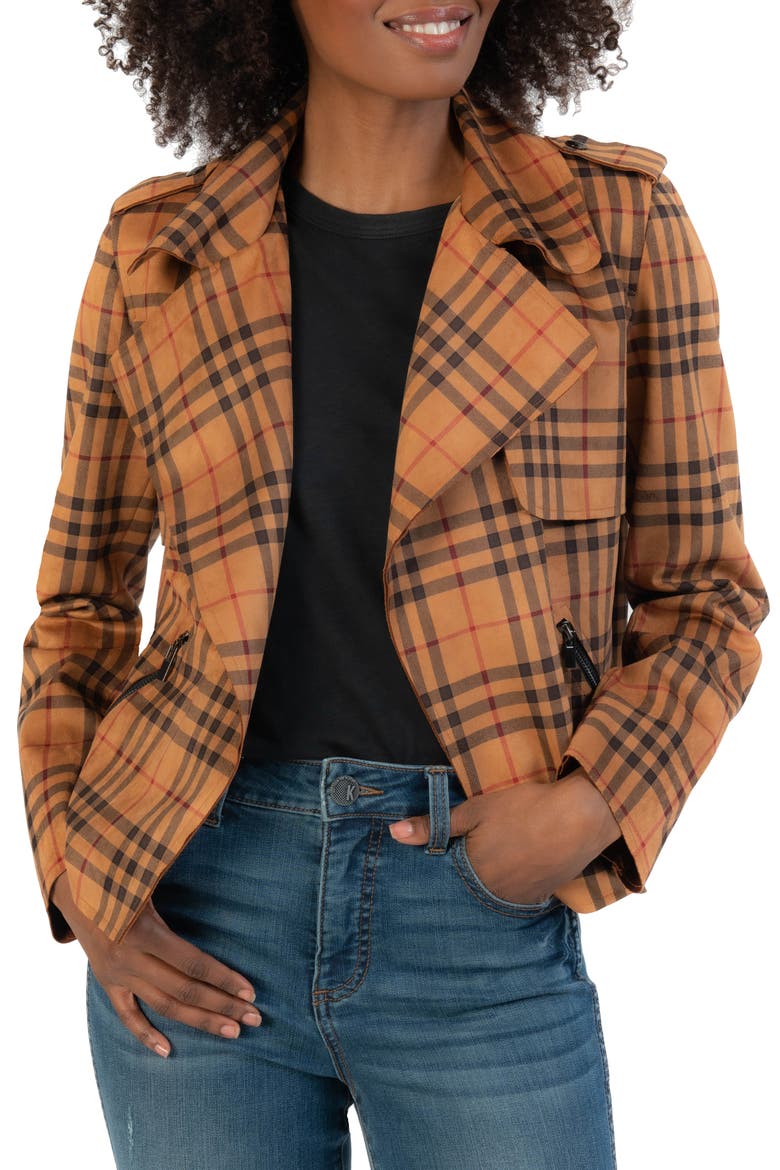 Jacee Plaid Draped Moto Jacket, Main, color, WHISKEY
