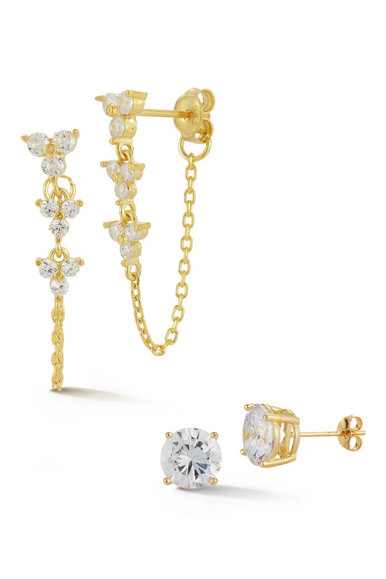 Set of 2 Cubic Zirconia Stud & Chain Drop Earrings, Main, color, GOLD
