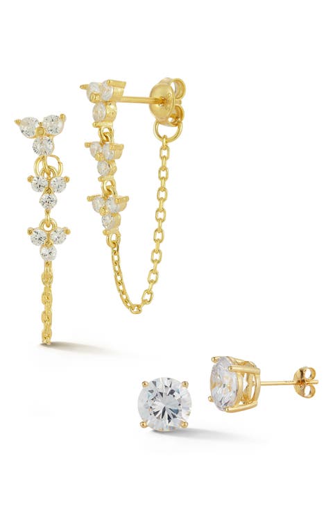 Set of 2 Cubic Zirconia Stud & Chain Drop Earrings