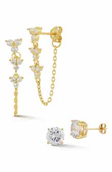 Set of 2 Cubic Zirconia Stud & Chain Drop Earrings