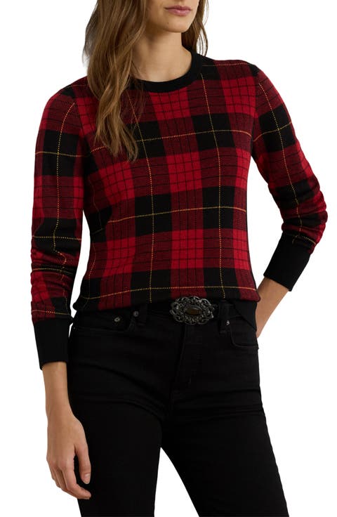Plaid Crewneck Cotton Blend Sweater (Petite)