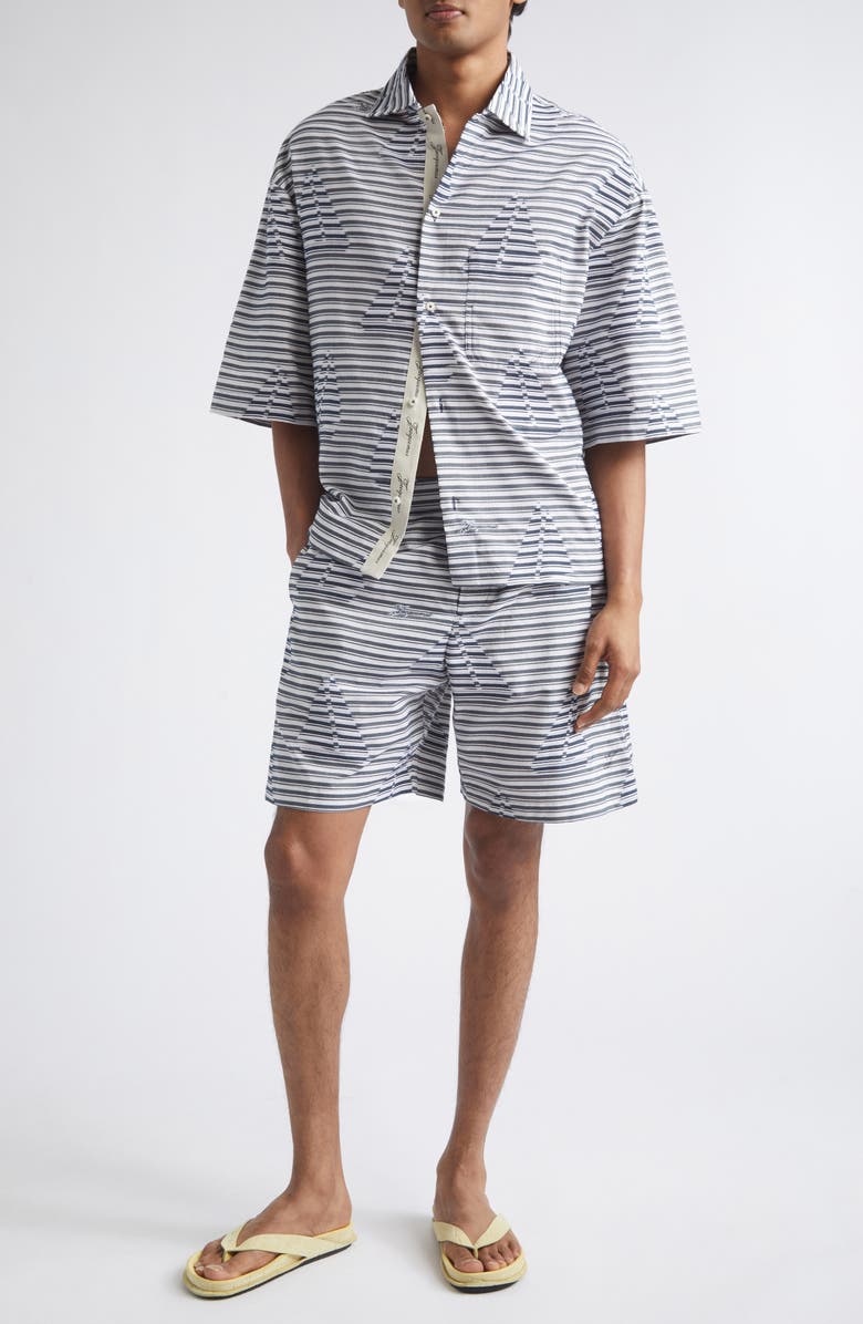 Jacquemus La Plage Stripe Short Sleeve Cotton Jacquard Button-Up Shirt, Alternate, color, Jacquard Boat Navy / White