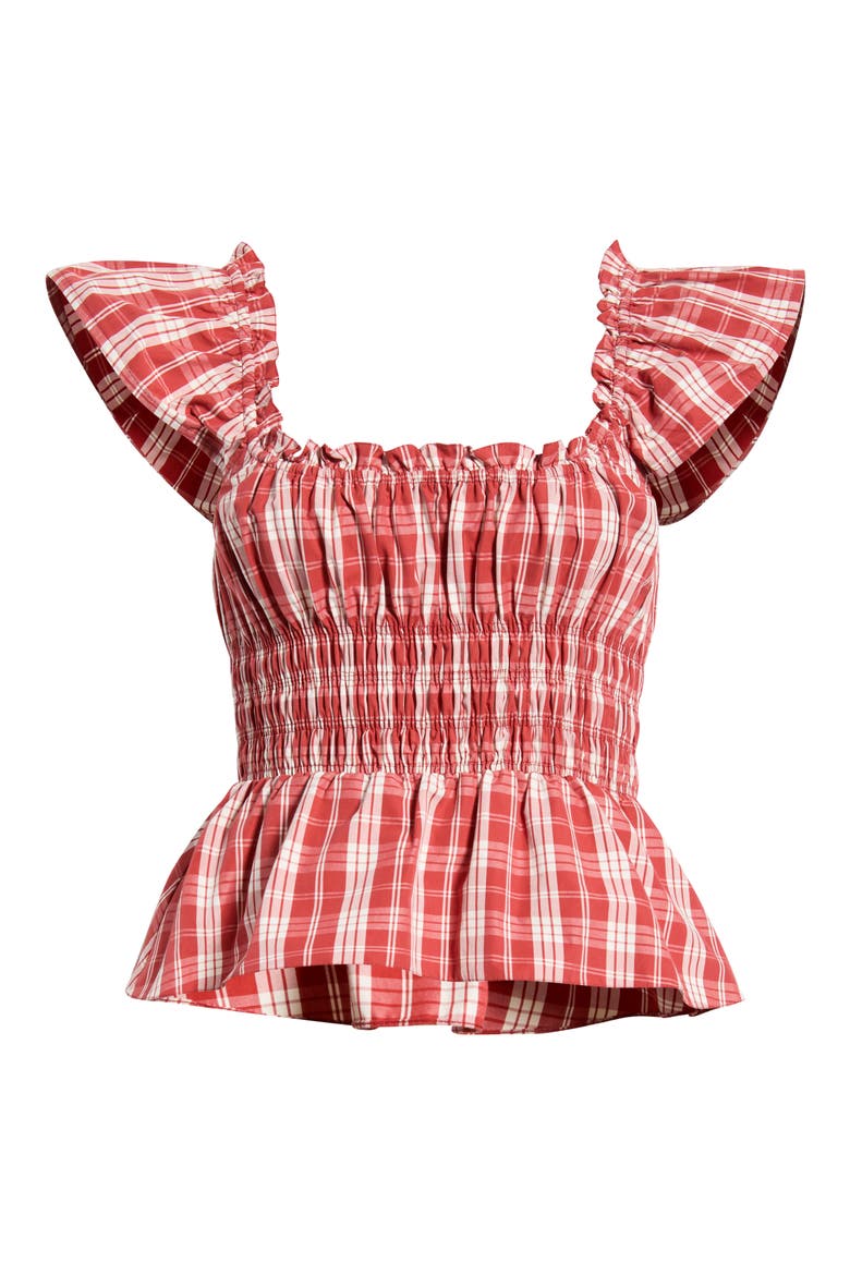 Janne Plaid Cotton Smocked Peplum Top, Main, color, INES CHECK TERRA ROSSO