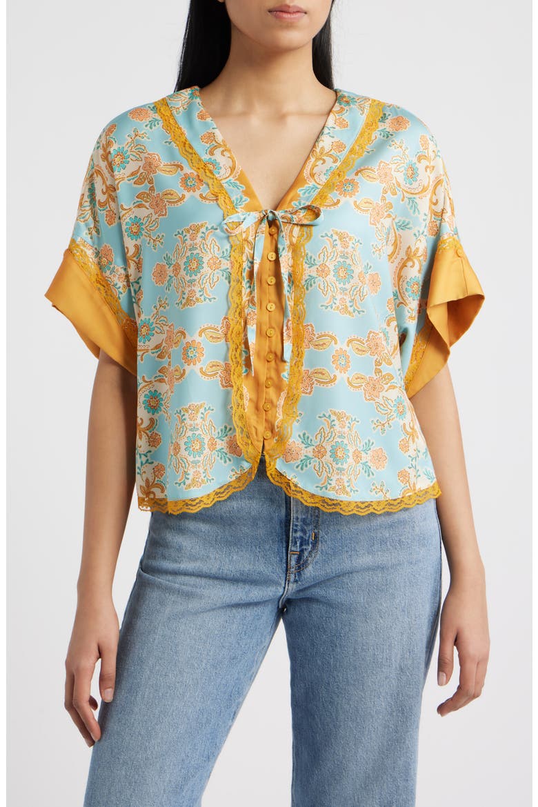 Lace Trim Print Dolman Sleeve Top, Main, color, PALE TEAL/ ORANGE MULTI