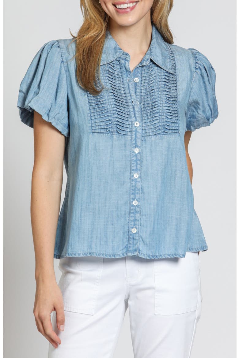 Pintuck Accent Puff Sleeve Button-Up Shirt, Main, color, LIGHT INDIGO