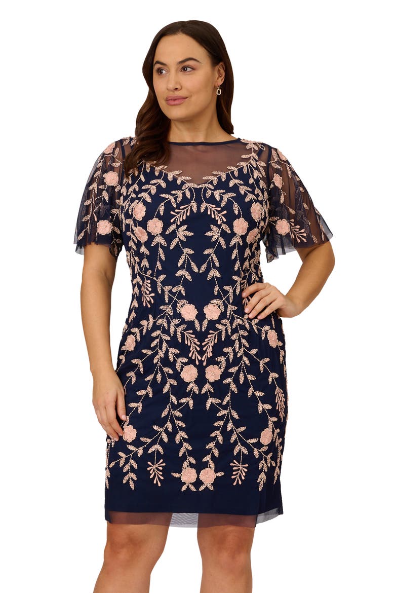 Embellished Flutter Sleeve Sheath Dress, Alternate, color, NAVY/ BLUSH