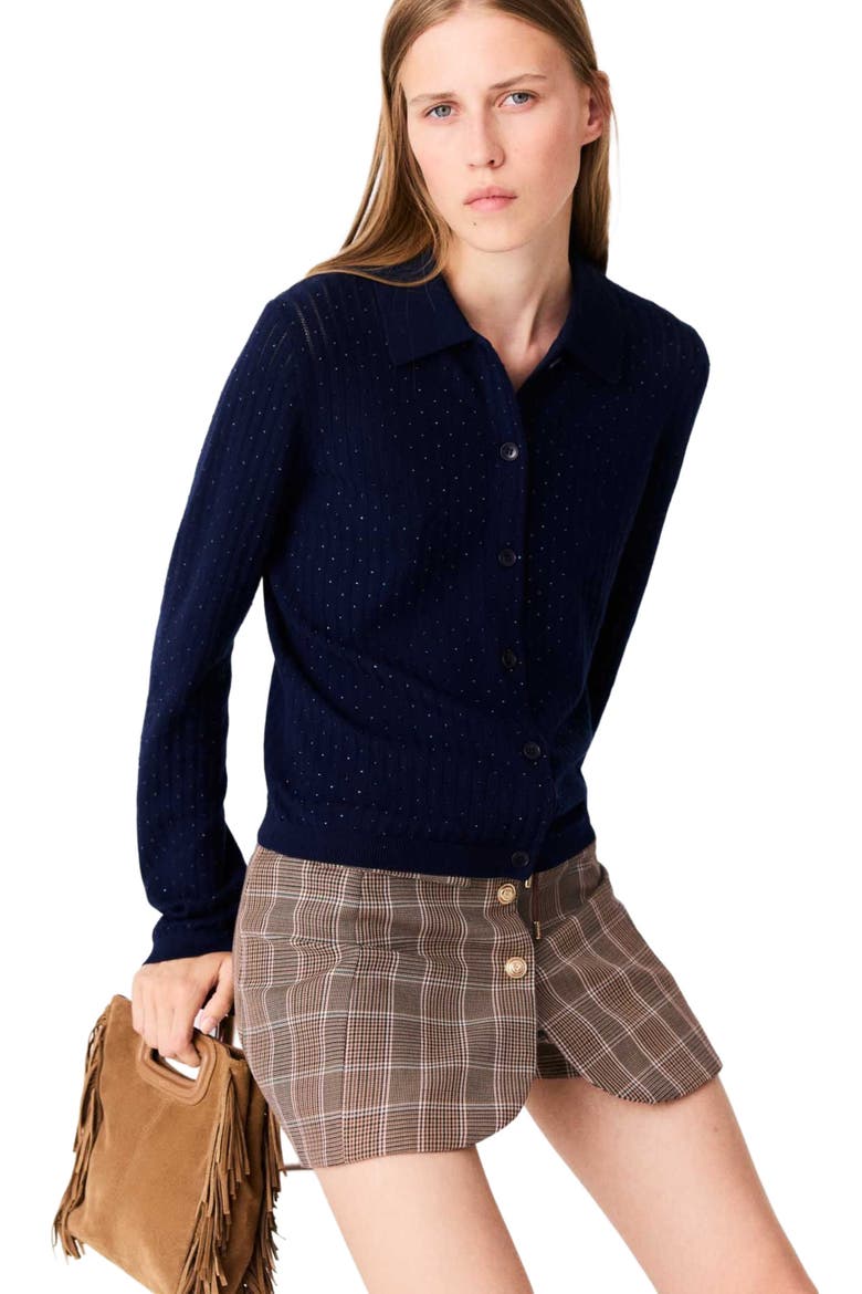 Rhinestone polo collar cardigan, Alternate, color, Navy