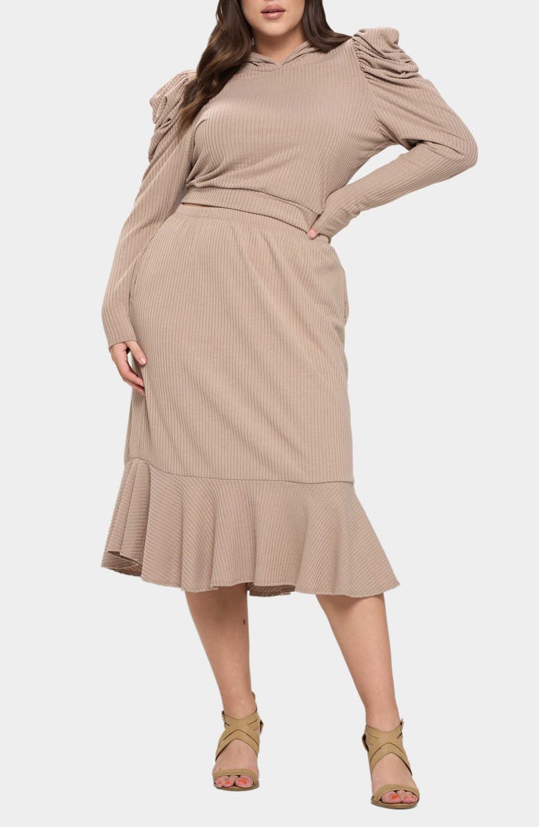 L I V D Carmen Rib Hooded Crop Top & Skirt, Alternate, color, Kahki