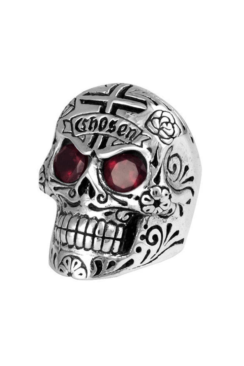 Large Skull Ring with Chosen Cross Detail and Garnet Eyes, Main, color, Silver