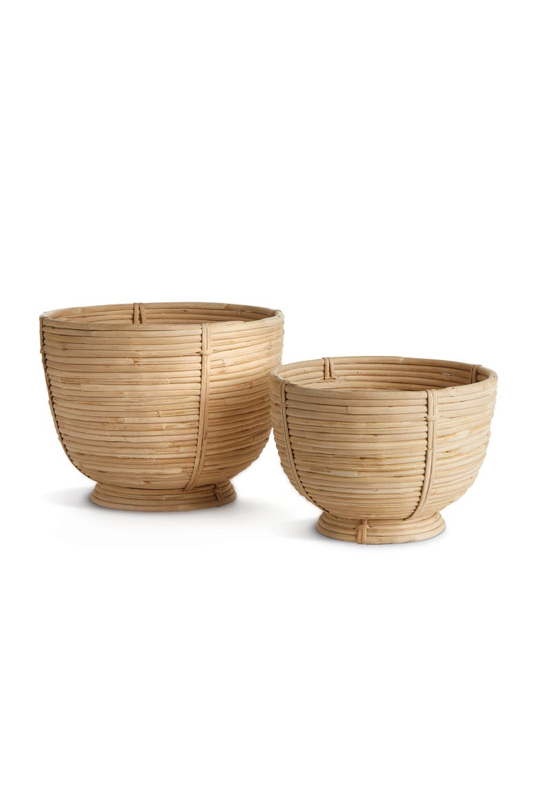 Cane Rattan Decorative Footed Bowls Set of 2, Main, color, Brown