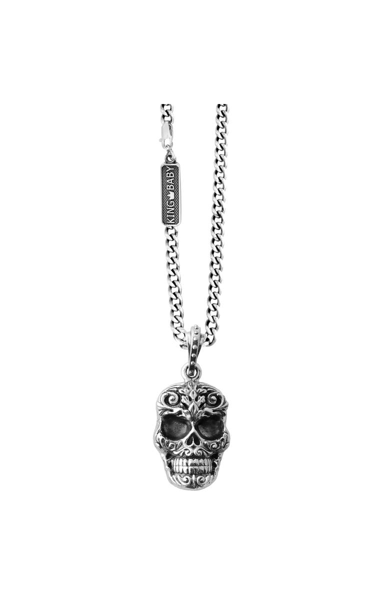 King Baby Studio Carved Baroque Skull Pendant on Curb Link Chain, Main, color, Silver