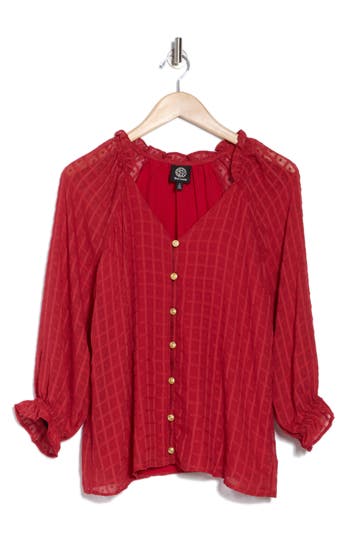 Bobeau Ruffle Button Down Top In Karanda Red