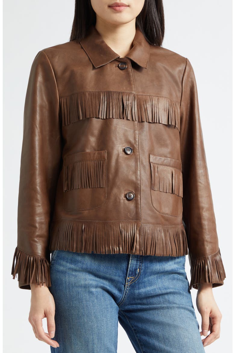 Lazare Fringe Detail Leather Jacket, Alternate, color, DARK BROWN