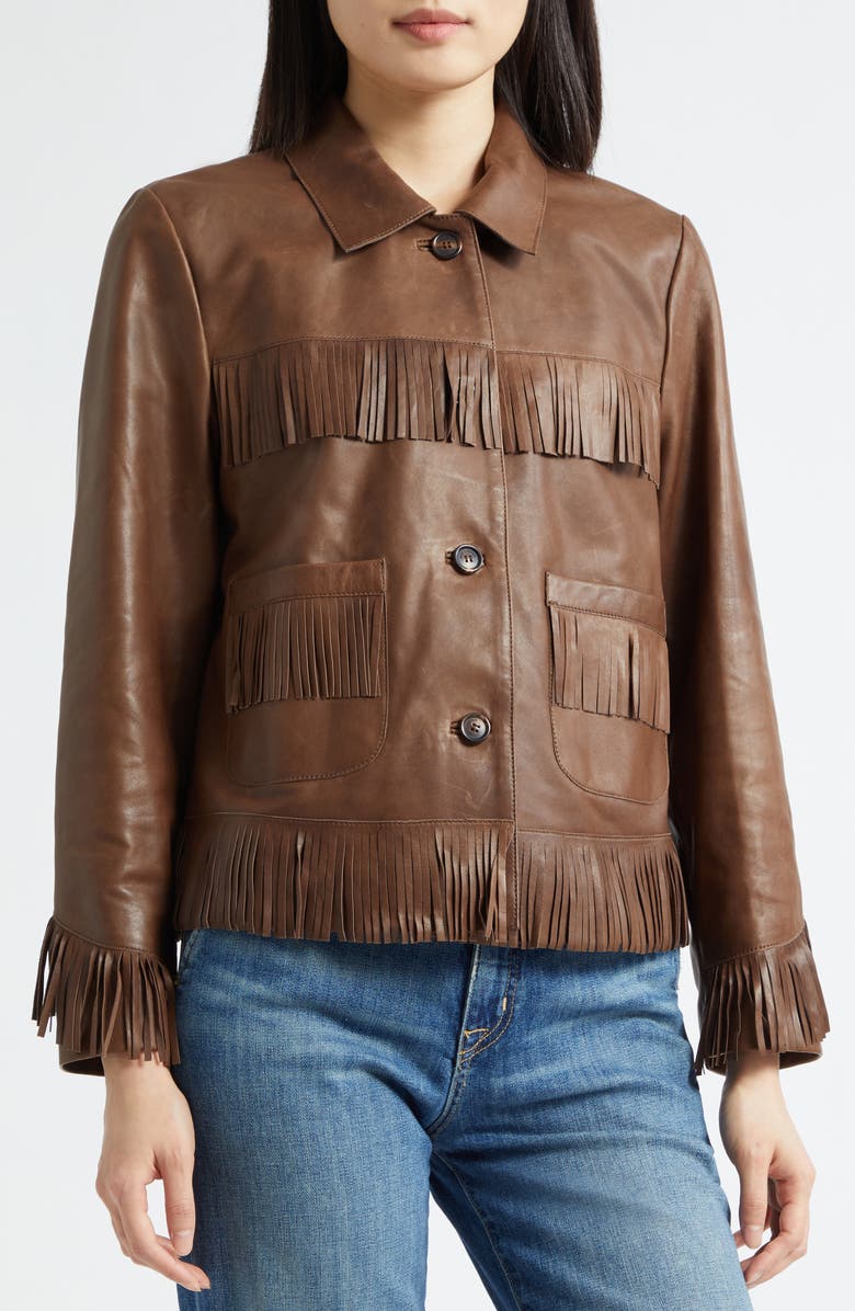 Nili Lotan Lazare Fringe Detail Leather Jacket, Alternate, color, Dark Brown