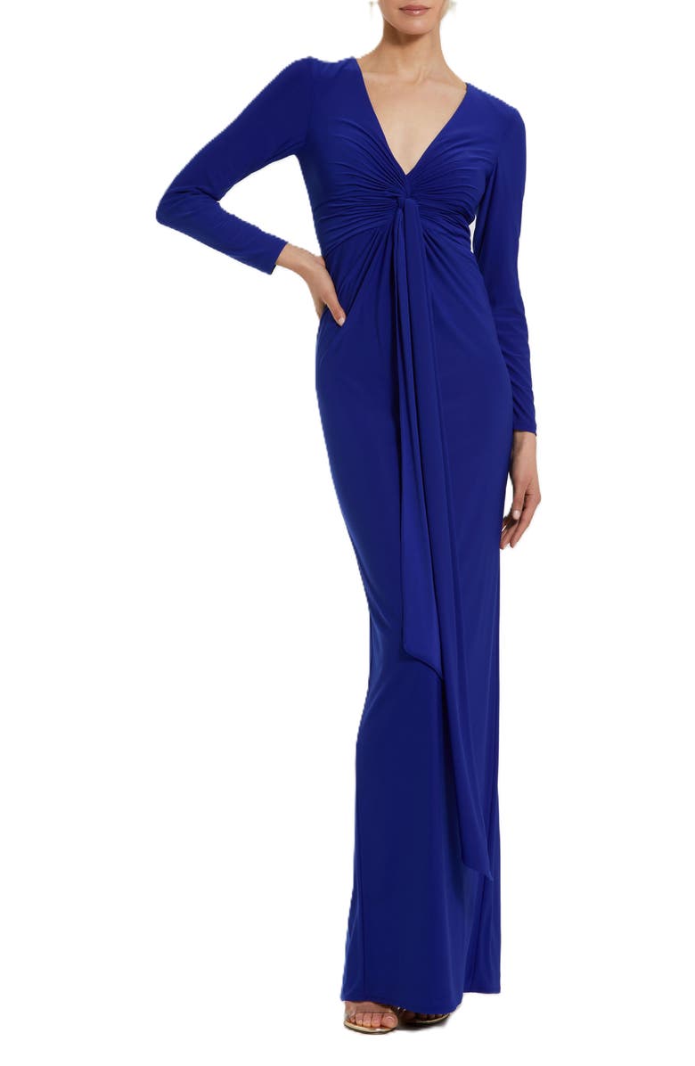 Mac Duggal Long Sleeve Jersey V Neck Twist Knot Gown, Main, color, Cobalt