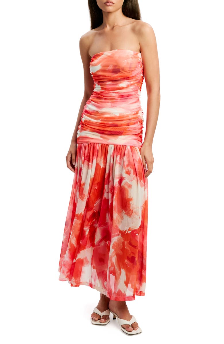 Bardot Solana Blurred Floral Drop Waist Mesh Maxi Dress, Main, color, Pink Abstract