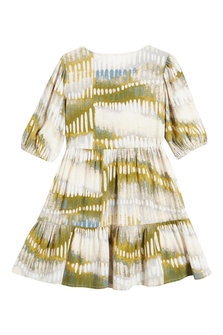 Kids' Abstract Print Drop Waist Tiered Dress, Alternate, color, BEIGE SHIFTING STRIPE SKETCH