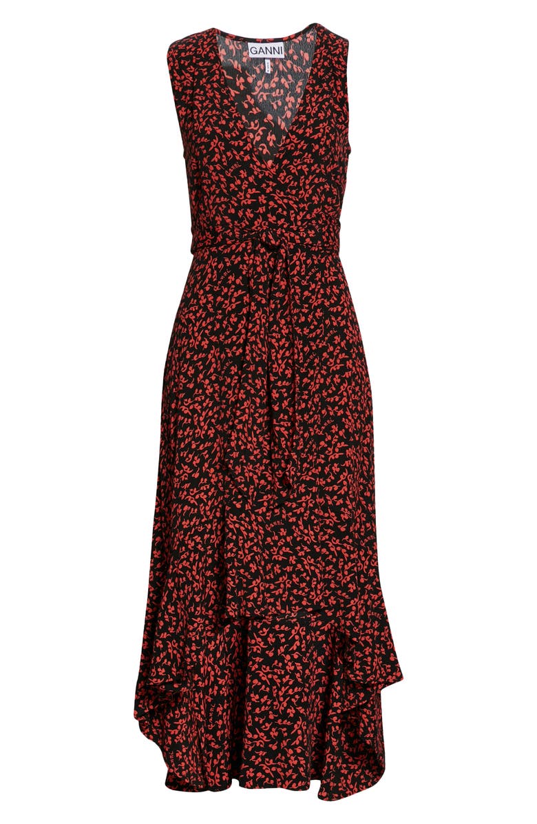 Ganni Floral Logo Print High/Low Wrap Dress, Alternate, color, 