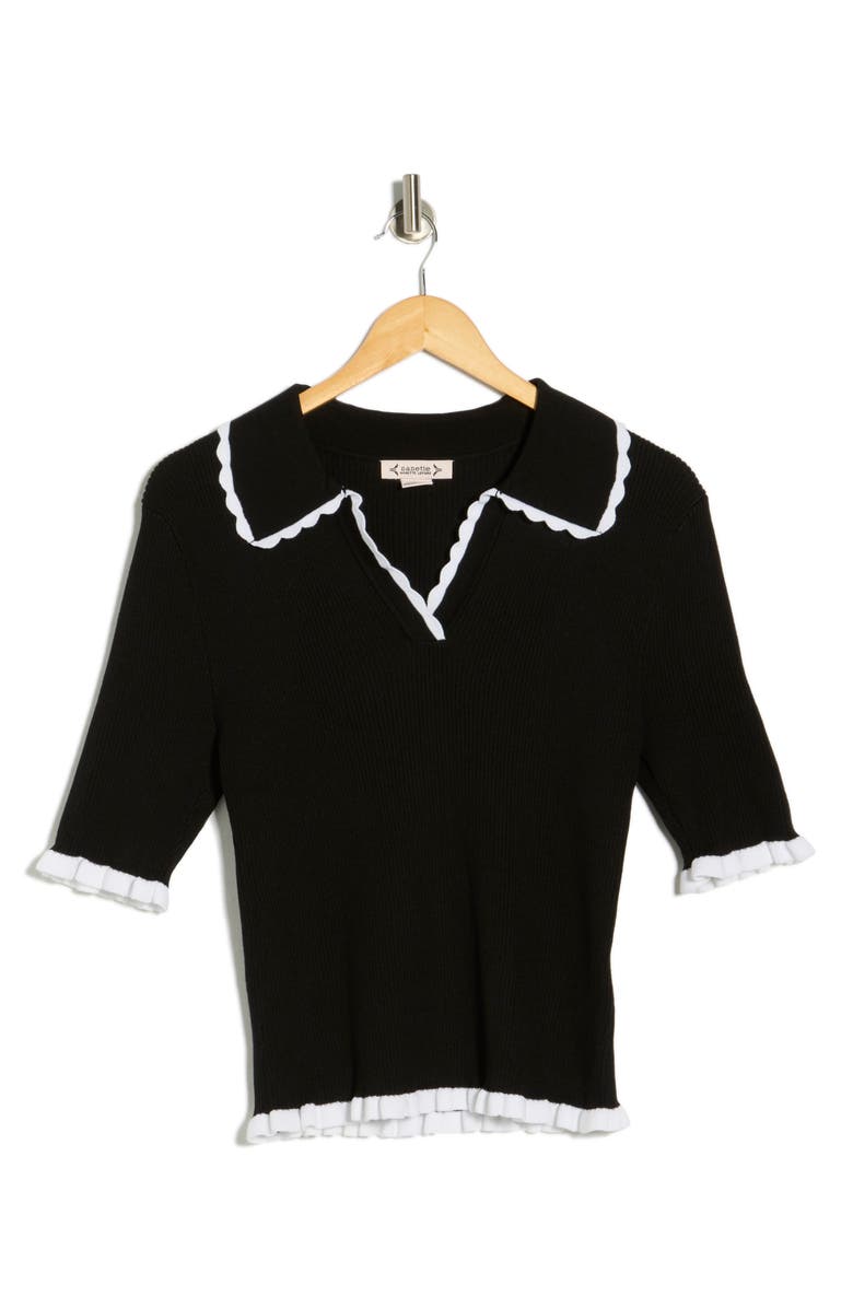 Nanette Lepore Scalloped Collar Short Sleeve Polo Sweater, Main, color, Very Black/ White