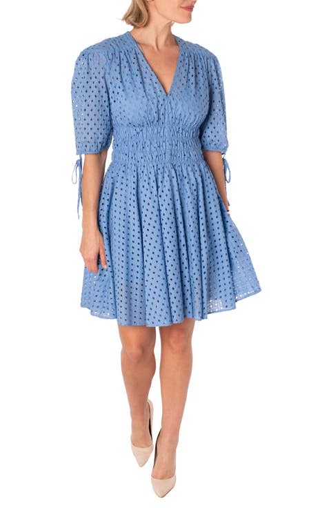 Eyelet Elbow Sleeve Smocked Fit & Flare Dress