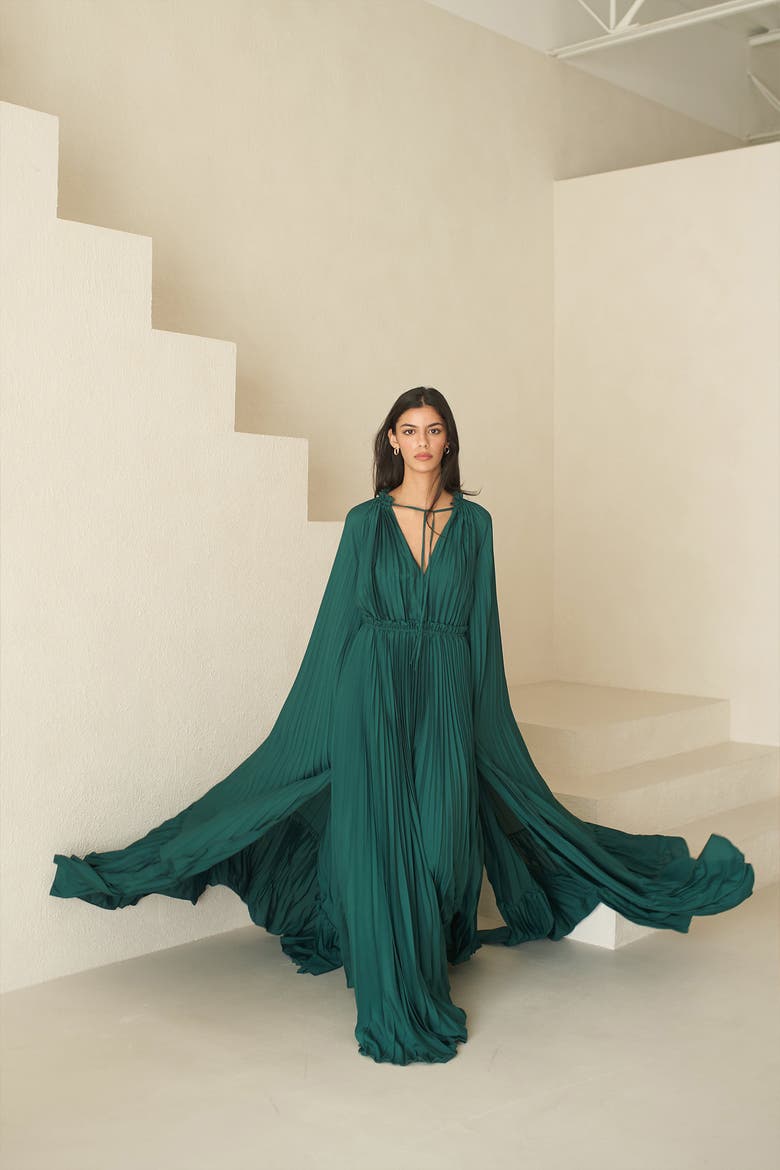 Zaria Plisse Cape Gown Emerald, Alternate, color, Emerald Hue