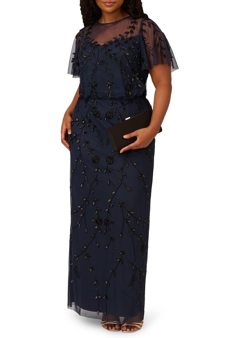 Beaded Column Gown, Alternate, color, NAVY/ BLACK