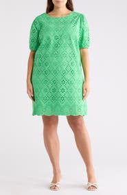 London Times Puff Sleeve Embroidered Shift Dress