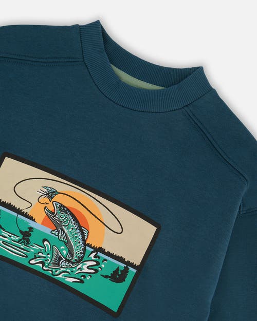 Deux Par Deux Little Boy's Pullover French Terry Graphic Sweatshirt Teal And Peach In Teal And Peach