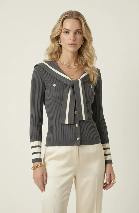 Ribbed Knit Cardigan with Sailor Collar and Contrast Trim