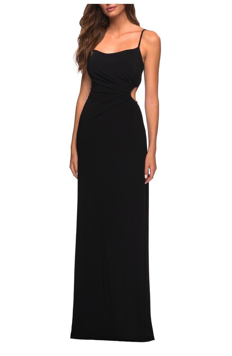 La Femme Prom Dress with Side Cut Out and High Side Slit, Main, color, Black