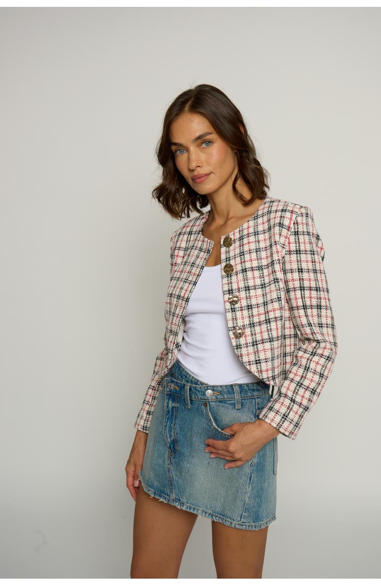 Central Park West Plaid Big Button Collarless Jacket, Alternate, color, 