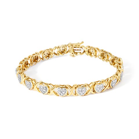 10k Yellow Gold Plated .925 Sterling Silver 1.0 Cttw Diamond Heart Link Bracelet