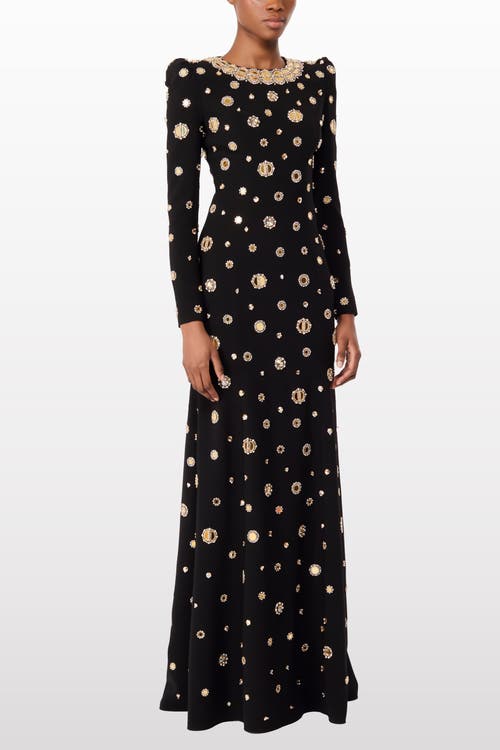 Jenny Packham Frency Mirror-embellished Puff-shoulders Maxi Dress In Black
