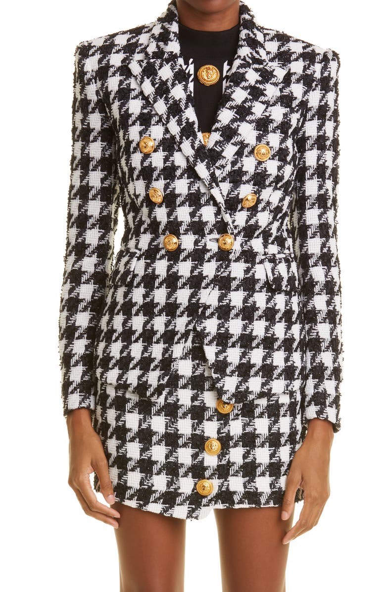 Balmain Houndstooth Tweed Double Breasted Blazer, Main, color,