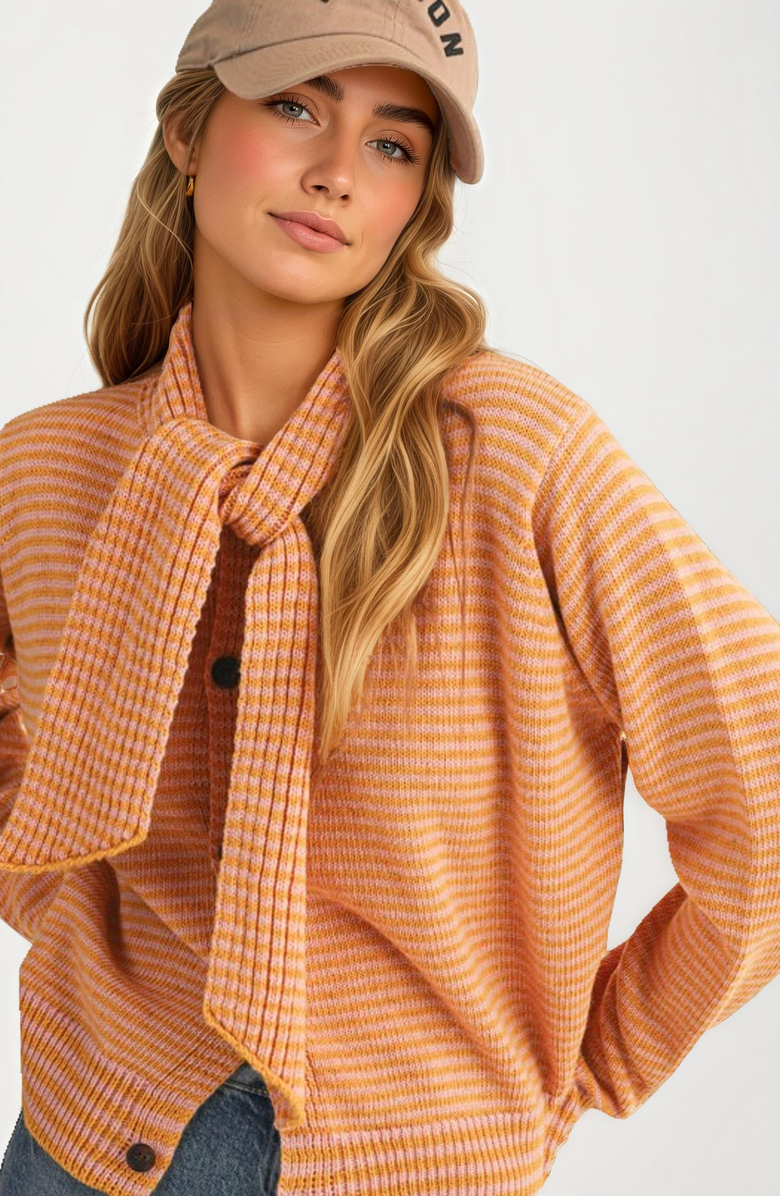 Knit and Lounge Striped Knit Button Tie-Neck Scarf Cardigan, Alternate, color, Orange / Pink Stripes