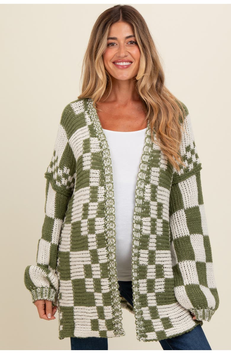 PinkBlush Mixed Check Pattern Chunky Cardigan, Main, color, Olive Green