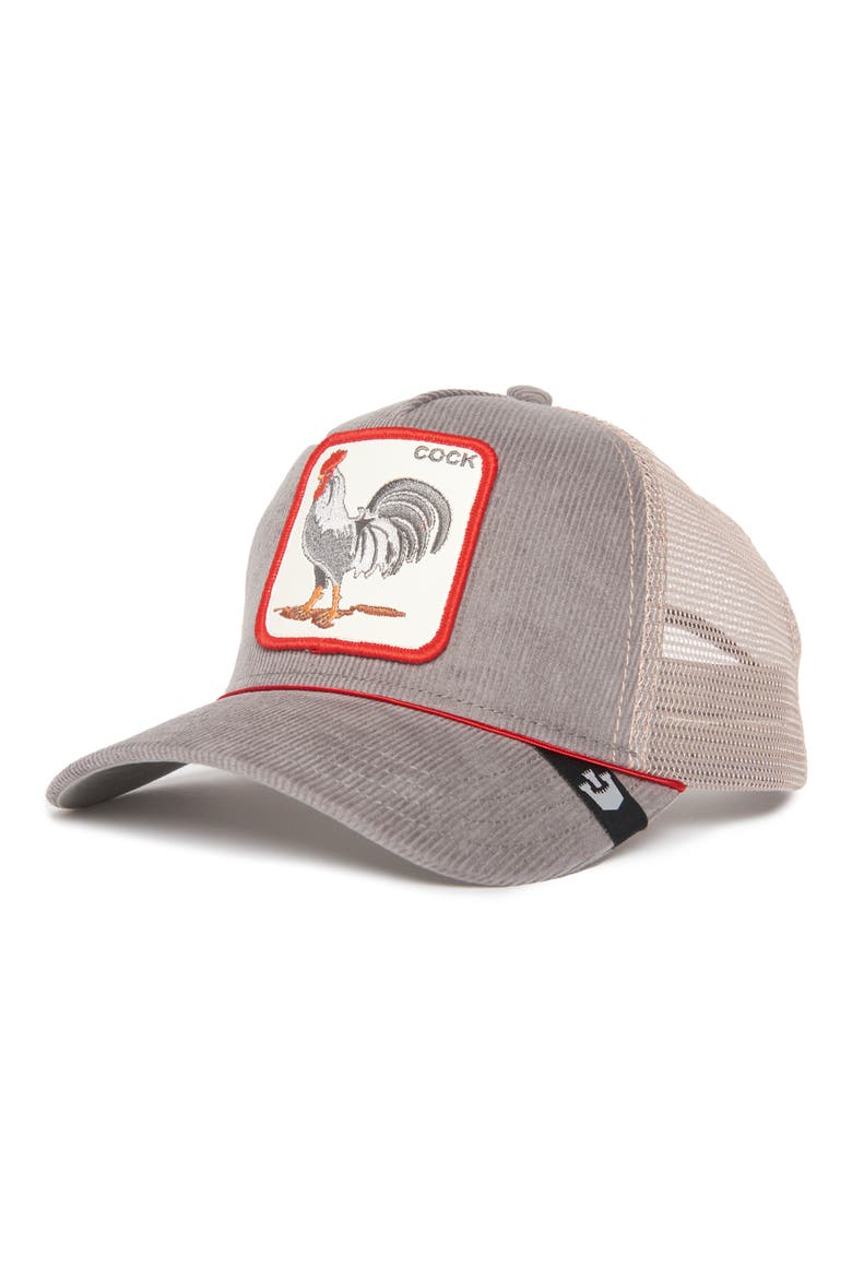 The Arena Cock Patch Corduroy Trucker Hat, Main, color, GREY/ OFF WHITE