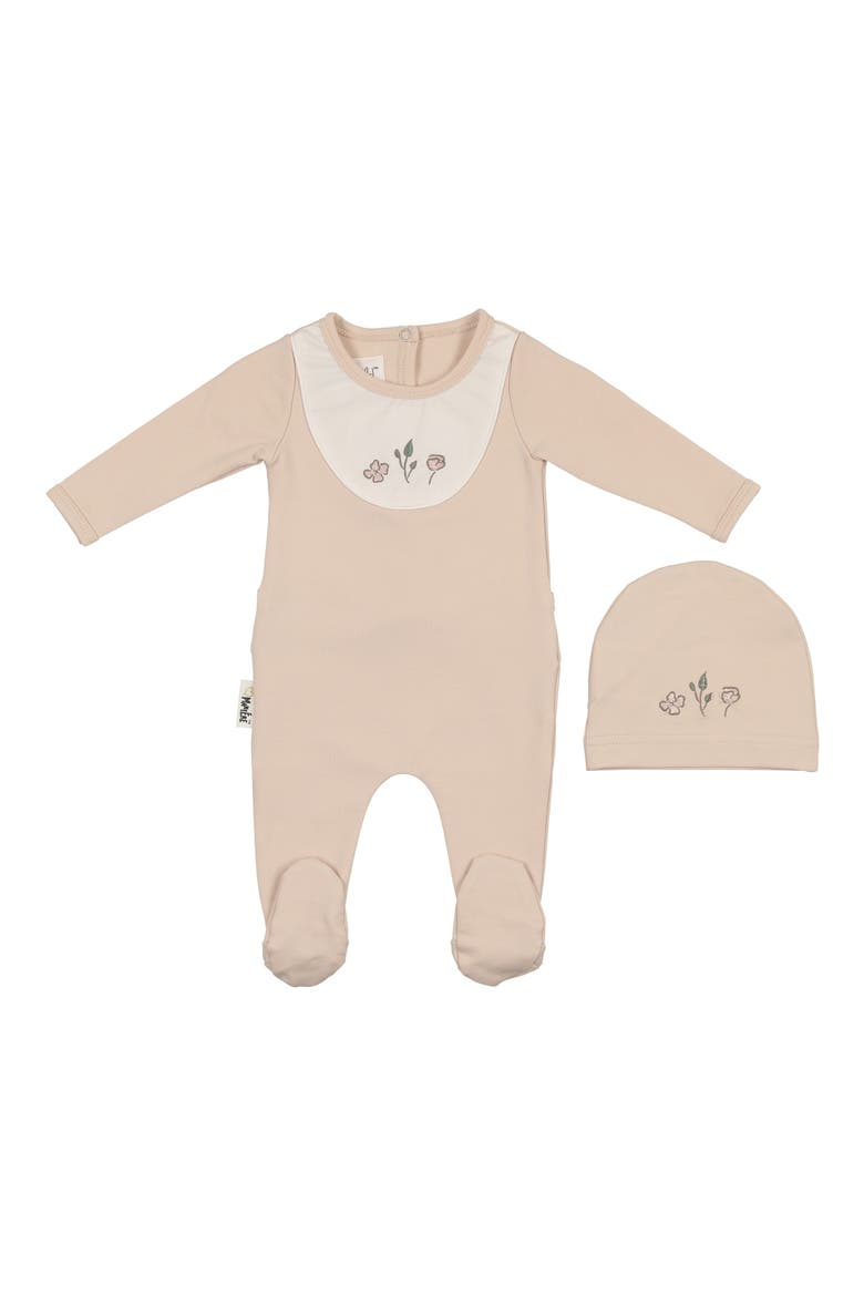 Embroidered Footie & Hat Set, Main, color, BISCUIT