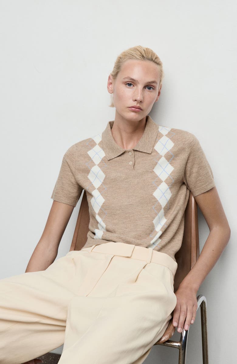 MANGO Diamond Pattern Polo Sweater, Alternate, color, Medium Brown